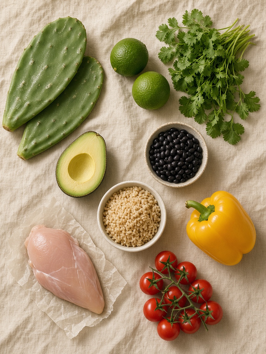 Ingredientes frescos: nopales, aguacate, limones, cilantro, frijol negro, arroz, pollo y jitomate