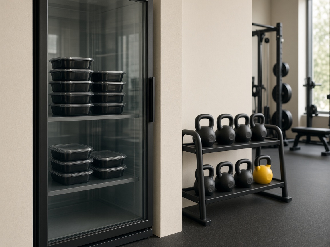 Refrigerador con contenedores de Power Meals junto a un rack de pesas rusas