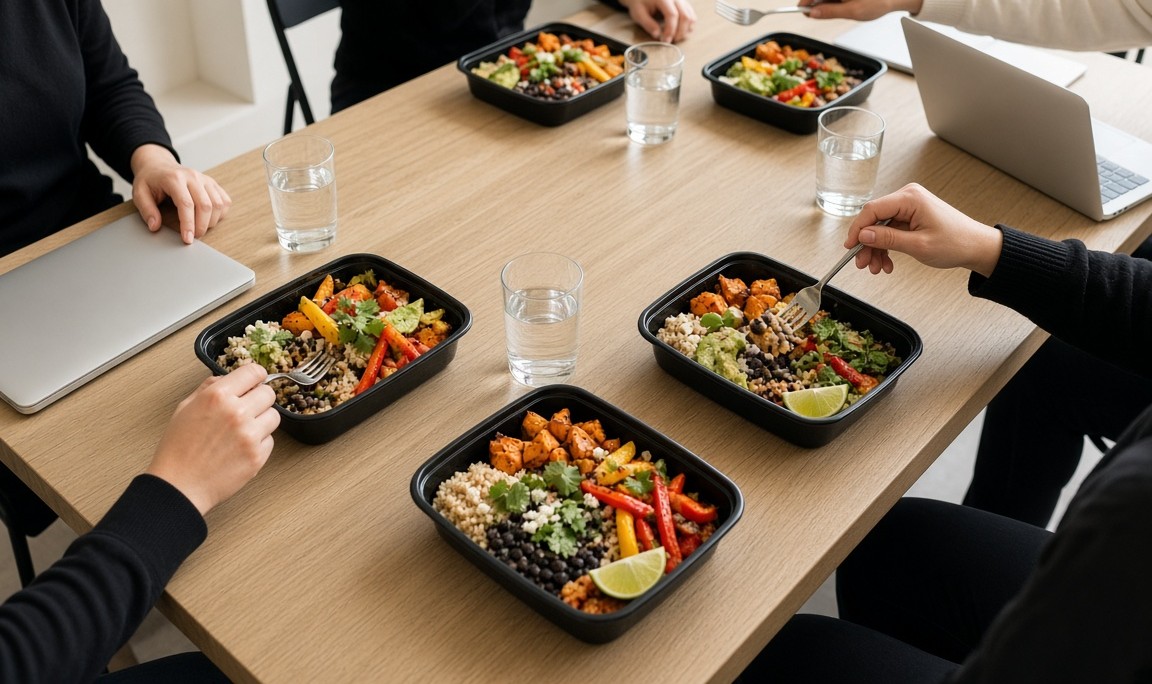 Mesa de oficina con varios contenedores de Power Meals abiertos a la hora de la comida
